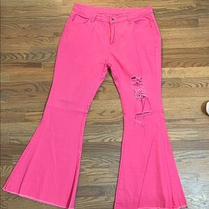 Pink Flared Pants with Distressed Detail
